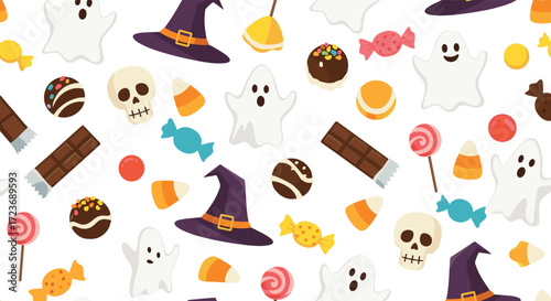 A whimsical halloween pattern featuring playful ghosts spooky skulls and festive candies.