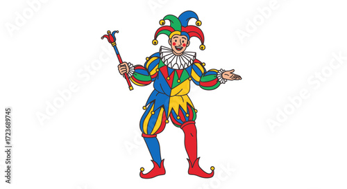 Colorful Jester Character with Scepter and Bell Hat.