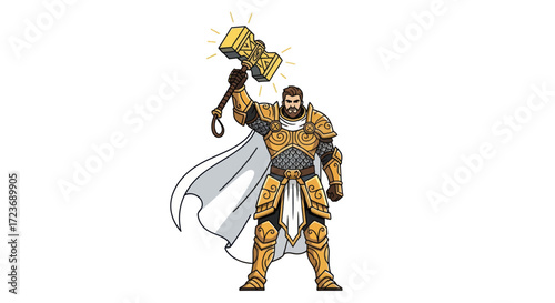 Powerful Golden-Armored Figure Holding a Mighty Hammer.