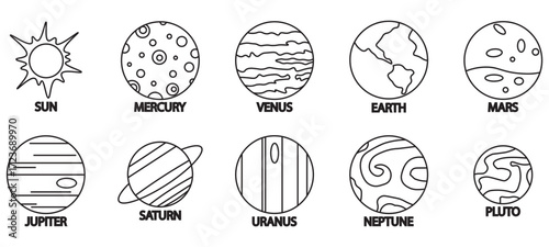 The Solar System planets. outline illustrations. solar system line icon set. 