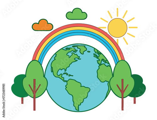 Earth Day illustration with rainbow sun trees and cartoon design