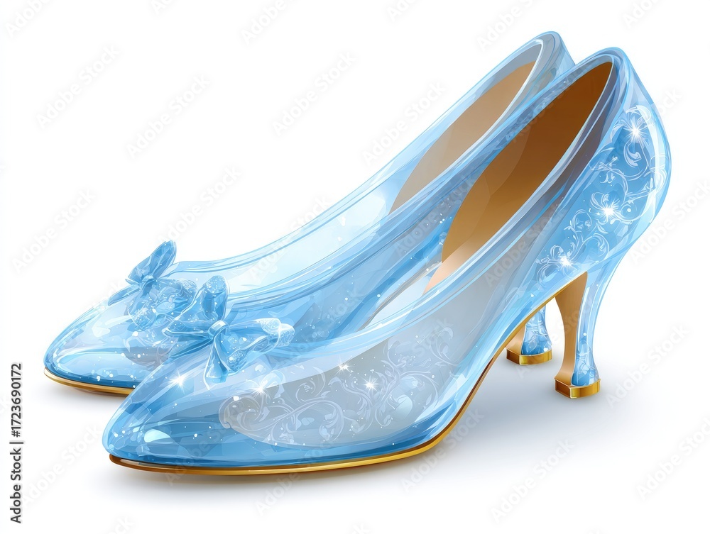 Obraz premium Pair of light-blue, glass-like, fairytale shoes. Detailed, realistic, illustration