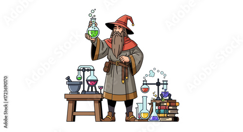 Cartoon Wizard Performing Alchemy with Bubbling Potions and Ancient Books.