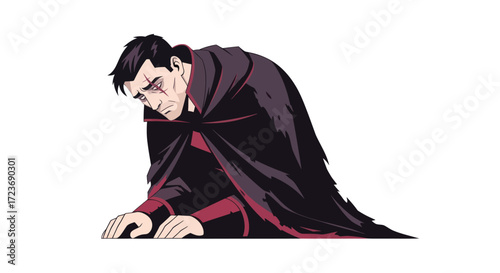 A sorrowful dark-haired male character in a dramatic black cape kneeling in despair.