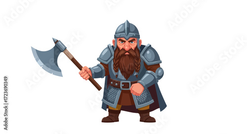 A fierce dwarf warrior in full armor holding a battle axe ready for combat.