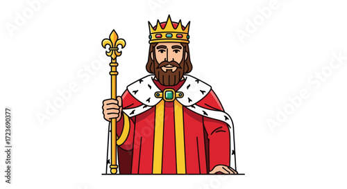 Cartoon illustration of a bearded king wearing a crown and red robe holding a golden scepter.