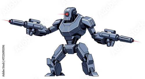 Futuristic Combat Robot Holding Two Blaster Guns Ready to Fire.