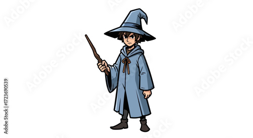 Young cartoon wizard in a blue robe and pointed hat holding a magic wand.