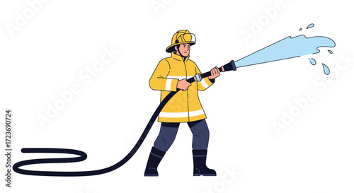 Firefighter in Yellow Gear Actively Spraying Water from Hose.