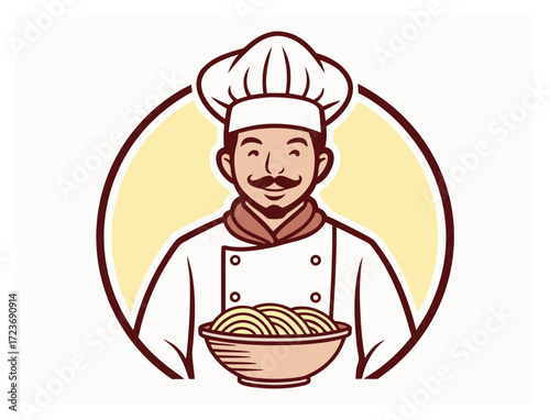 Cheerful chef holding a bowl of spaghetti in a logo style design