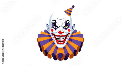 Terrifying evil clown head with a sinister grin sharp teeth and a ruffled collar.