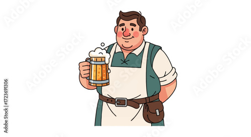 Cartoon Fat Man in Apron Holding Beer Mug.