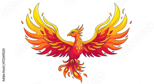 Fiery Phoenix Bird with Spread Wings Mythical Creature.