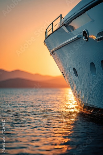 Luxurious yacht bow at sunset.  Golden light reflects on the water.  Mountains in the distance.  Calm sea