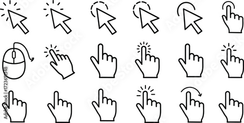 Collection of various cursor and hand gesture icons, including mouse pointer, click, and touch screen interactions.