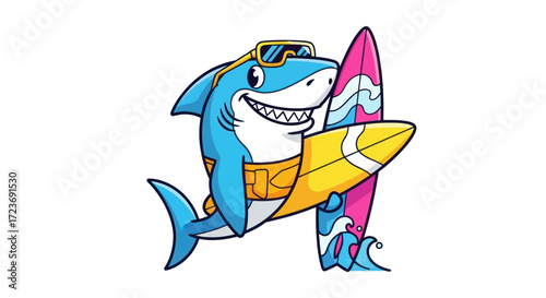 Friendly Cartoon Shark Surfer with Sunglasses and Two Colorful Surfboards.
