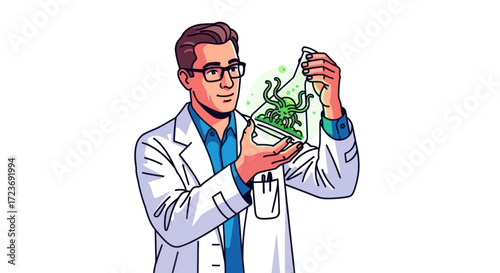 Scientist Examining Green Biological Sample in Laboratory Flask.