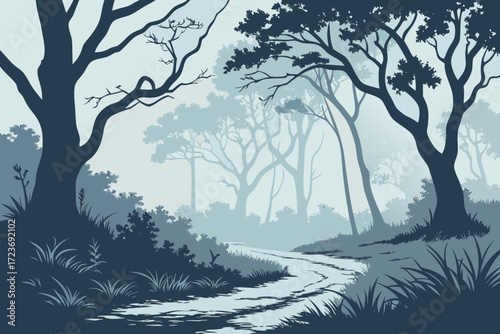 Enchanting forest path with misty trees, inviting outdoor adventures and peaceful escapes with its serene and calming natural beauty in tranquil woods
