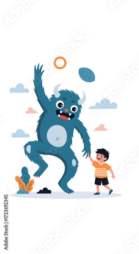 A friendly blue monster plays with a little boy in a magical forest.