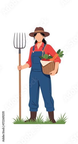 A woman farmer holding a pitchfork and a basket of fresh produce.