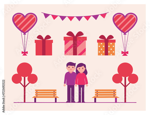 Romantic couple celebrating love anniversary with presents and heart balloons