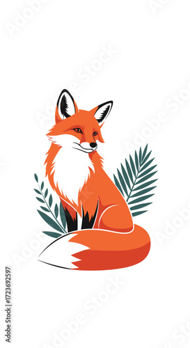 An artistic illustration of a fox sitting amongst palm leaves.