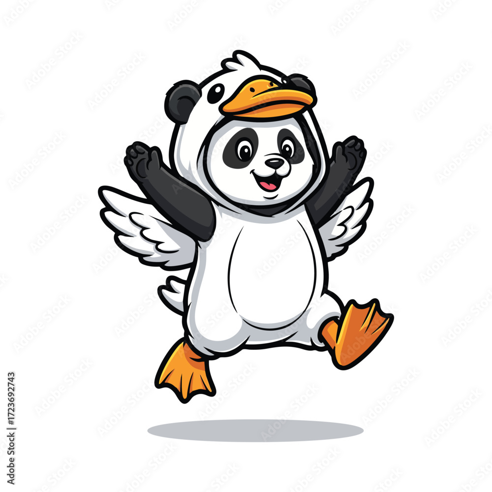 Naklejka premium Cheerful panda wearing a duck costume jumping with excitement