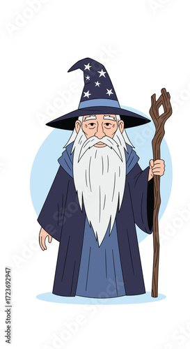 An old wise wizard with a long white beard and a staff holding a magical power.