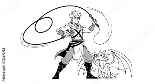 Cartoon Character with Whip and Dragon Companion.