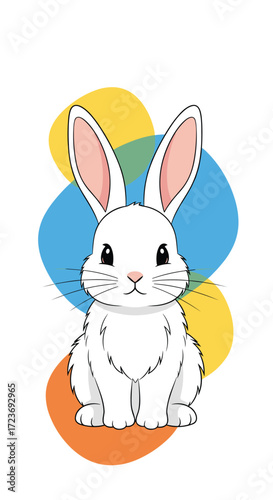 A cute fluffy white rabbit sits with big ears and a curious expression.