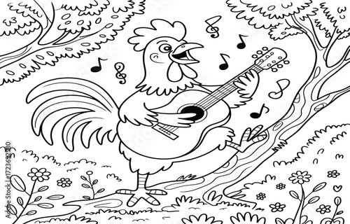 A rooster playing an acoustic guitar in a garden.