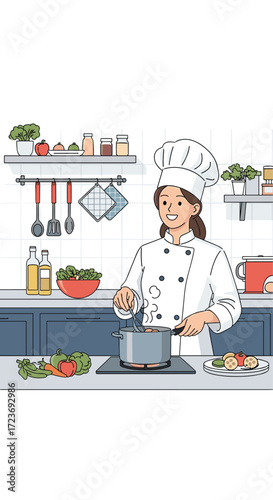 A cheerful female chef prepares a delicious meal in a well-equipped kitchen.