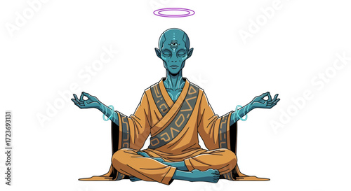 Meditating Blue Alien with Halo in Lotus Position.