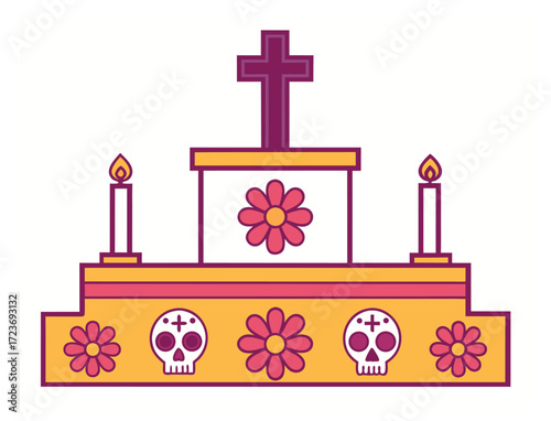 Day of the Dead altar with flowers skulls and cross illustration