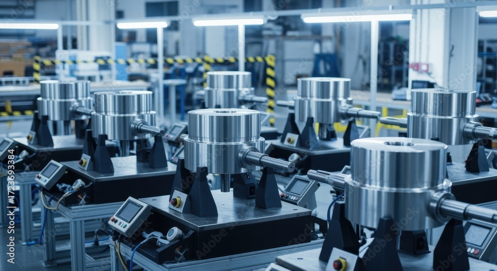 Fototapeta premium Industrial setting with uranium centrifuge rotors installed on balancing rigs reflecting the importance of rotational symmetry in isotope separation centrifuges.