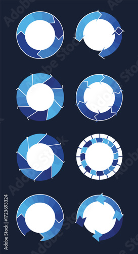 Collection of eight circular diagrams with arrows, representing processes or cycles in various shades of blue.
