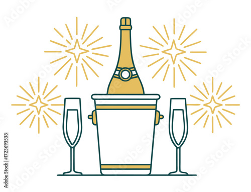 Celebration illustration featuring champagne bucket glasses and sparkling light rays