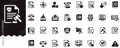 regulation and compliance solid icon set Features law, justice and policy symbols. Perfect for legal services, corporate governance,  rules, standard, risk. Professional, minimal vector collection.