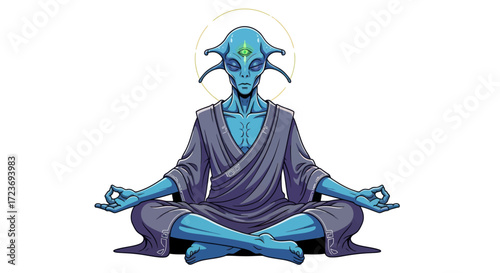 Mystical Blue Alien Creature Meditating Peacefully in Lotus Pose with Halo.