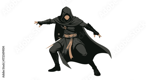 Hooded Figure in Dark Cloak with Sword Ready for Action.