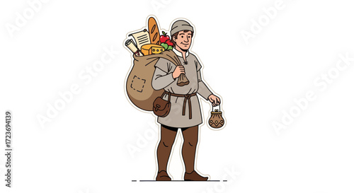 Medieval Merchant Man Carrying Large Sack of Goods.