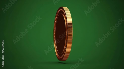 Rotating Gold Coin on Green Background, 3D Model, Digital Art