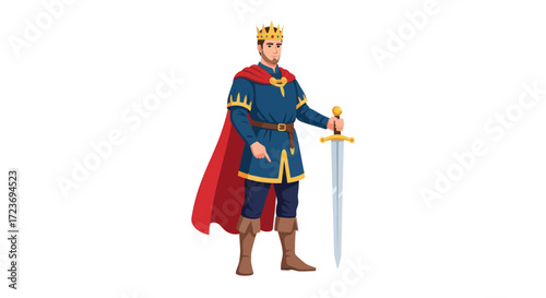 Cartoon King in Royal Attire with Sword.