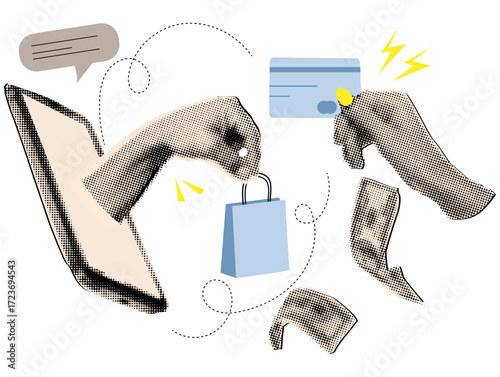 Halftone collage internet payment concept, woman hand selecting a product online, pays and receives the purchase,trendy collage cut out elements