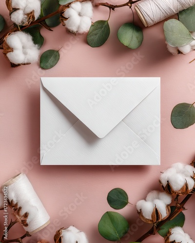 Blank white envelope mockup on a pink background with cotton flowers and eucalyptus leaves.
