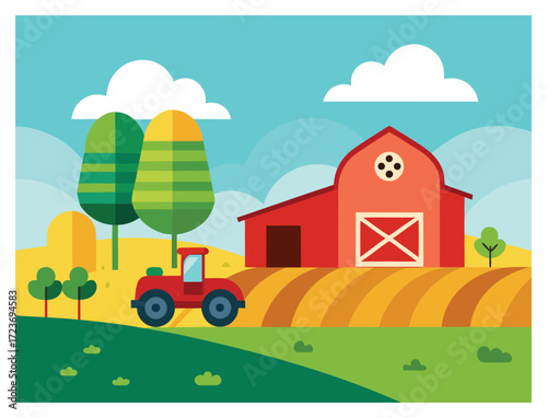 Cartoon farm scene with barn tractor fields and cloudy sky illustration