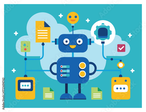 Cartoon robot managing data and files in the cloud network