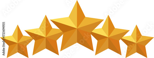 Five golden stars in a row isolated on a transparent background, five star rating and quality concept