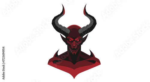 A menacing red demon bust with large curved black horns and glowing eyes.