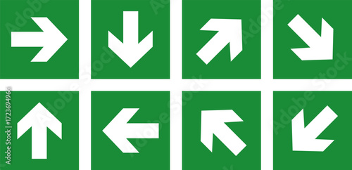 Set of eight green directional arrow signs, emergency exit and wayfinding symbols